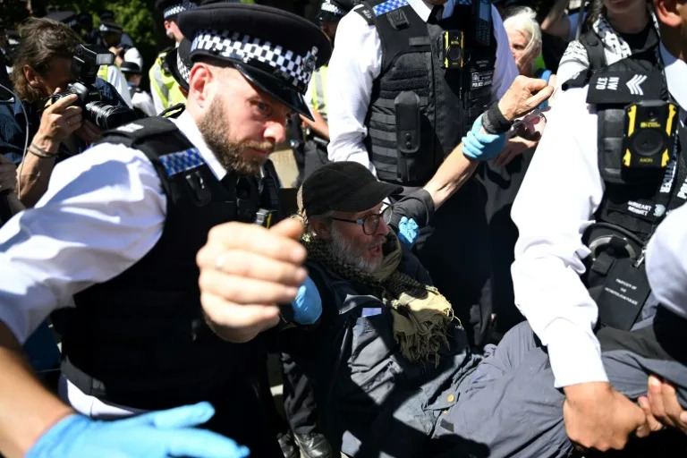 British police moving in on a small group of protesters displaying signs supporting Palestine Action (JUSTIN TALLIS)