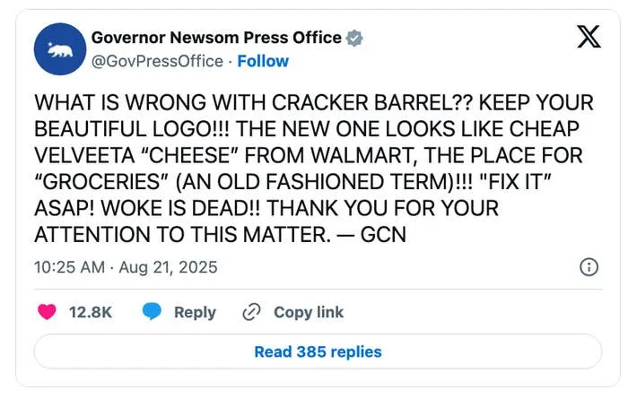 Tweet from a verified account criticizing Cracker Barrel's new logo, urging them to revert to the original, and mentioning "woke" and "groceries."