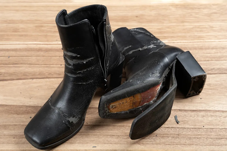 Worn-out black leather boots with damaged soles, displayed on a wooden surface