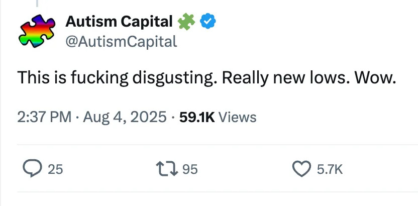 Tweet by Autism Capital expressing disgust with current events; 59.1K views