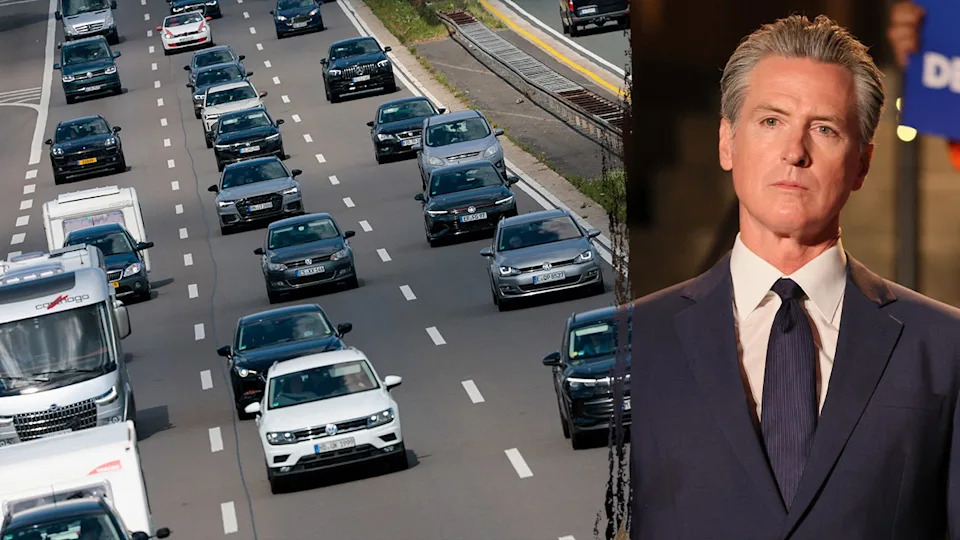 California Gov. Gavin Newsom next to cars in traffic