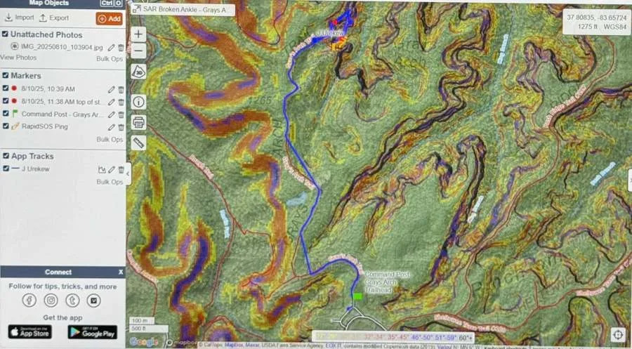 Satellite imagery shows how far into Gray’s Arch Trail the hiker had fallen, and how far he had to be carried back, with the awaiting ambulance at the trailhead marked in green. (Powell County Search and Rescue)