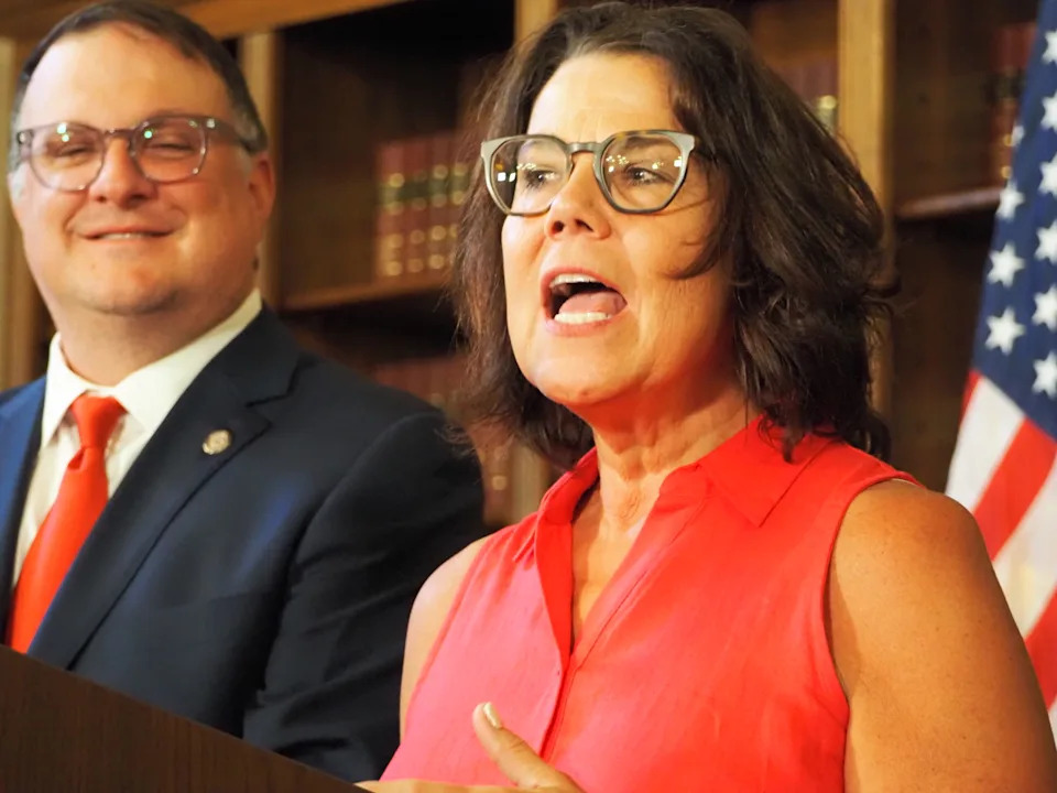  State Rep. Ann Bollin (R-Brighton) speaks during a news conference hosted by House Speaker Matt Hall (R-Richland Township). Aug. 13, 2025 | Photo by Ben Solis/Michigan Advance