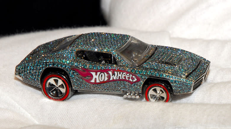 A side view of the diamond-encrusted 40th Anniversary Hot Wheels car.