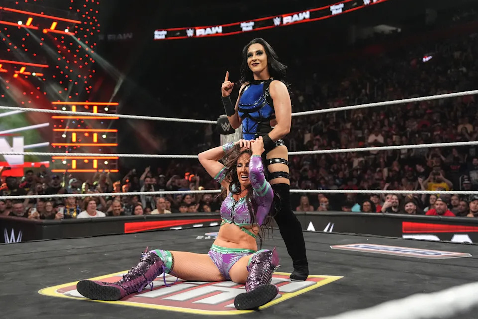 DETROIT, MICHIGAN - JULY 28: Stephanie Vaquer in action with Chelsea Green during Monday Night RAW at Little Caesars Arena on July 28, 2025 in Detroit, Michigan.  (Photo by Craig Ambrosio/WWE via Getty Images)