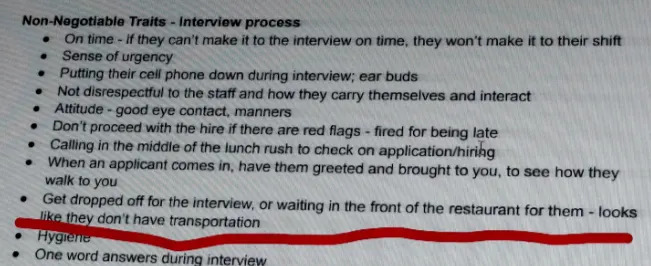 Summary of text: The image lists interview process traits, including punctuality, sense of urgency, eye contact, great tips, and getting dropped off