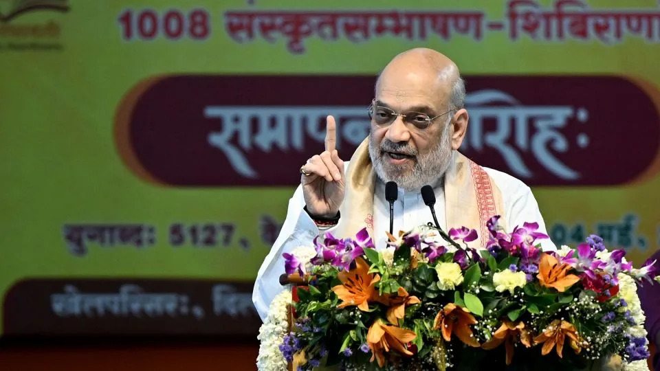 Home Minister Amit Shah addresses the closing ceremony of 1008 Sanskrit Sambhashan Shivirs, a campaign aiming to revive Sanskrit as a spoken language, in New Delhi, India, on May 4. - Salman Ali/Hindustan Times/Getty Images
