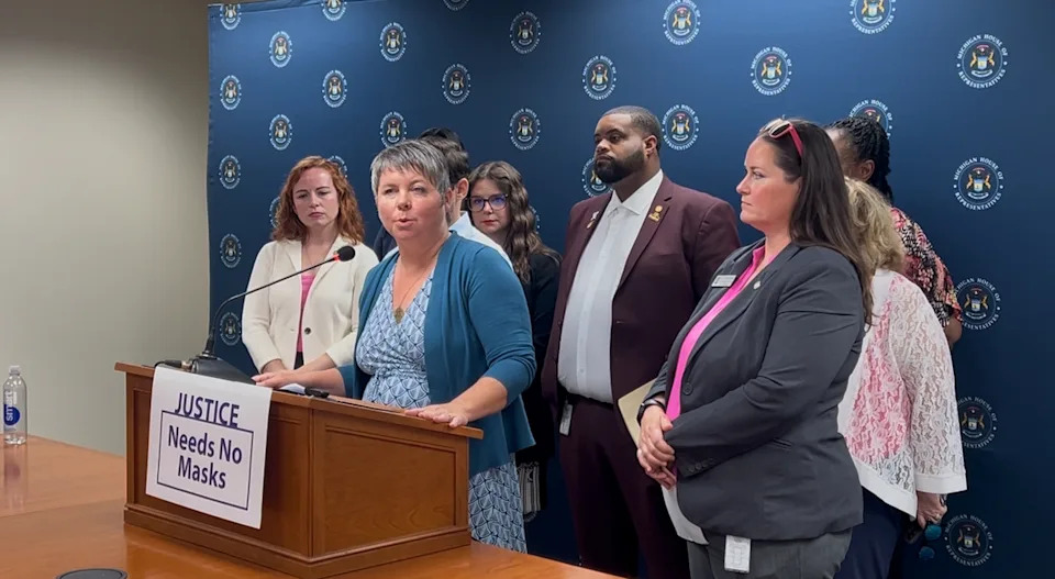 State Rep. Betsy Coffia (D-Traverse City) leads a press conference to announce legislation that would ban the use of face masks and requiring clear identification for all law enforcement officers interacting with the public in Michigan. July 24, 2025 | Photo by Jon King/Michigan Advance