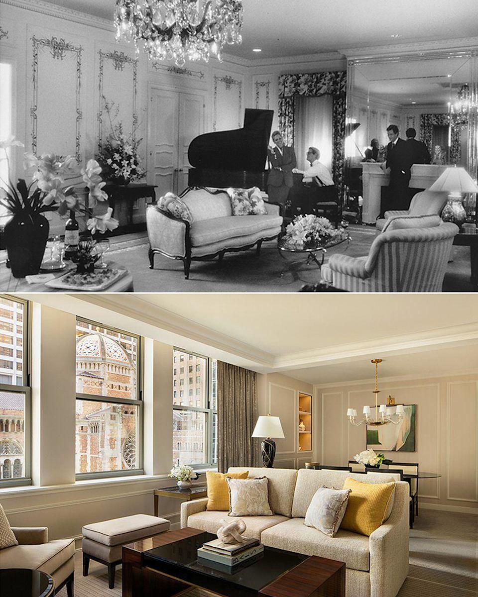 Arriba, una imagen antigua de una habitación con un sofá, sillones y un piano de cola. Abajo, una habitación con una sala vestida con un sofá y sillones modernos, con una mesa de living de madera en el centro.
