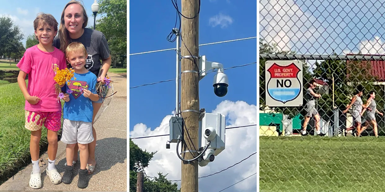 Parkgoer Ashley Doss and her children; a recently installed camera camera affixed to a utility pole; and women walking at the minimum security prison. (Suzanne Gamboa / NBC News)