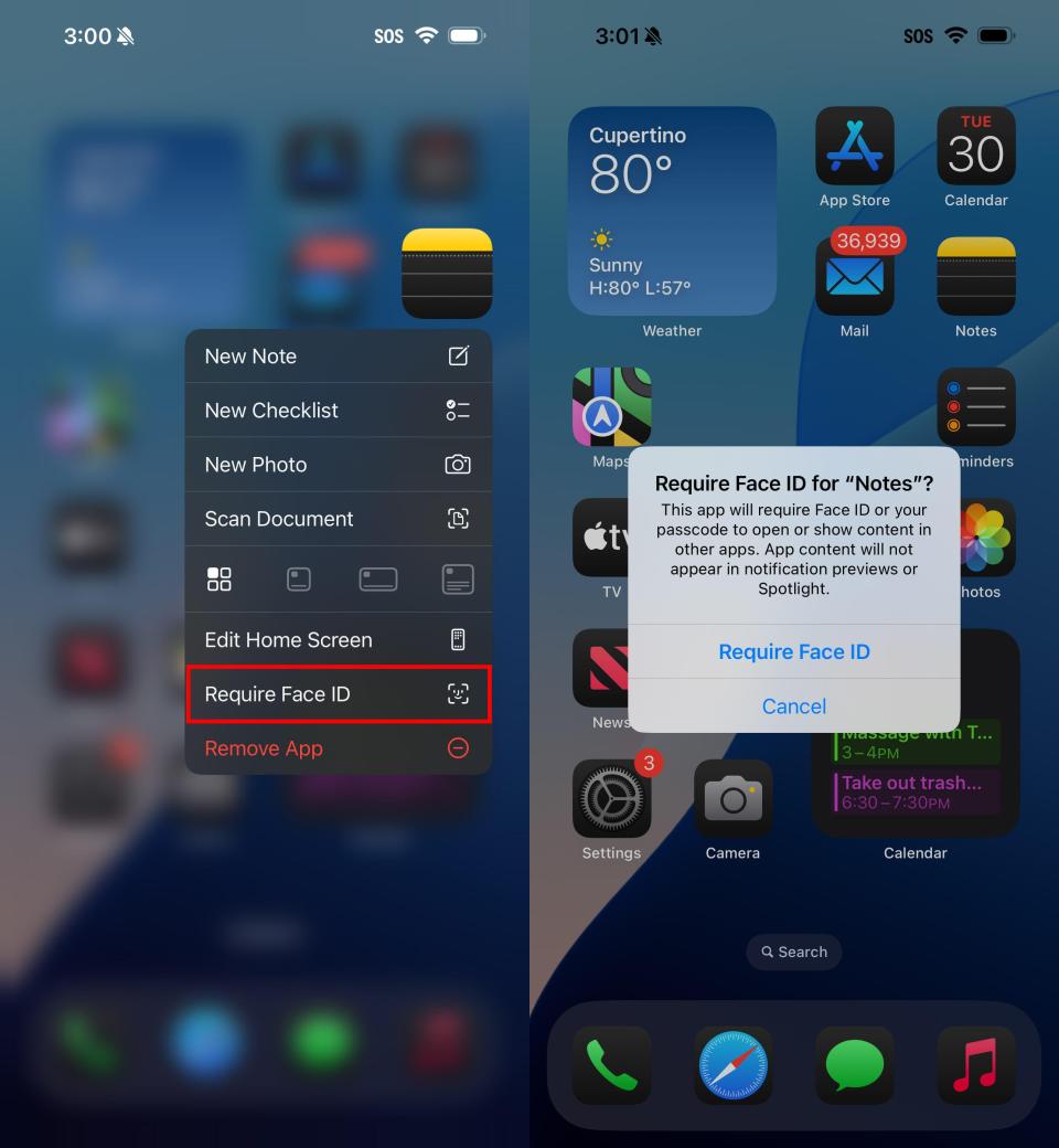 iOS 18 screenshots showing a menu after long-pressing the Notes app. The item Require Face ID is called out with a red box. In the next screenshot, iOS asks for confirmation to require authentication for that app.