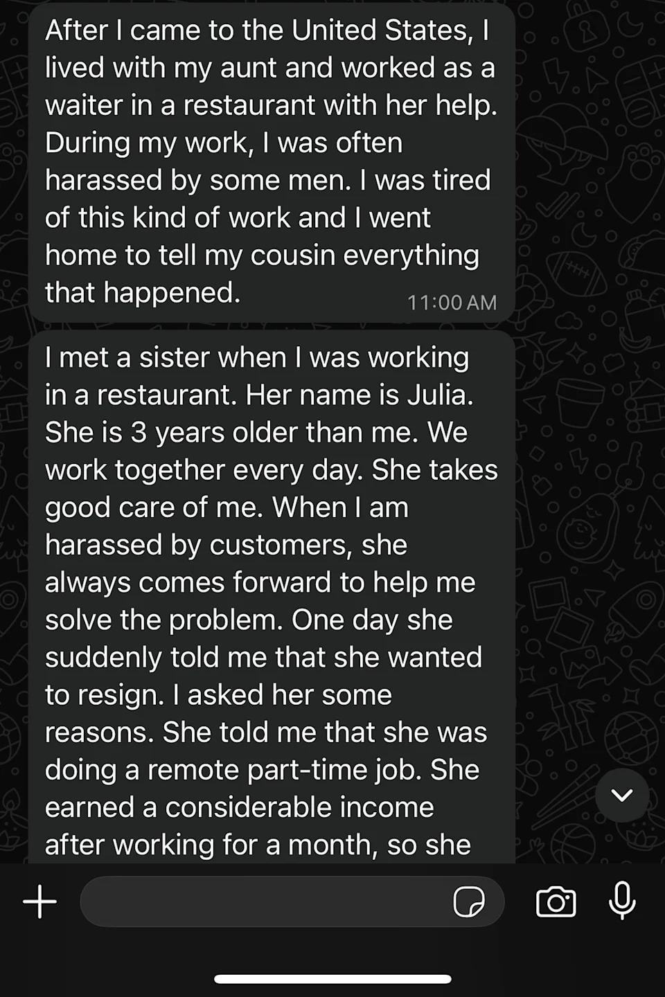 WhatsApp text from "Cathy," describing how she met Julia and got into her online work.