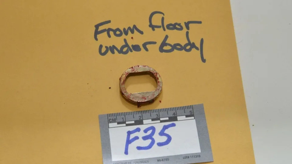 This small piece of metal from the bathroom door lock was discovered under Alex Pennig's head on the bathroom floor. / Credit: Ramsey County District Court