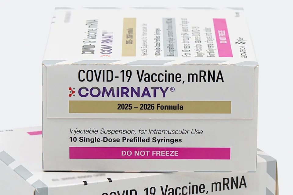 Pfizer via AP - PHOTO: Boxes for the updated Pfizer COVID-19 vaccine Comirnaty.