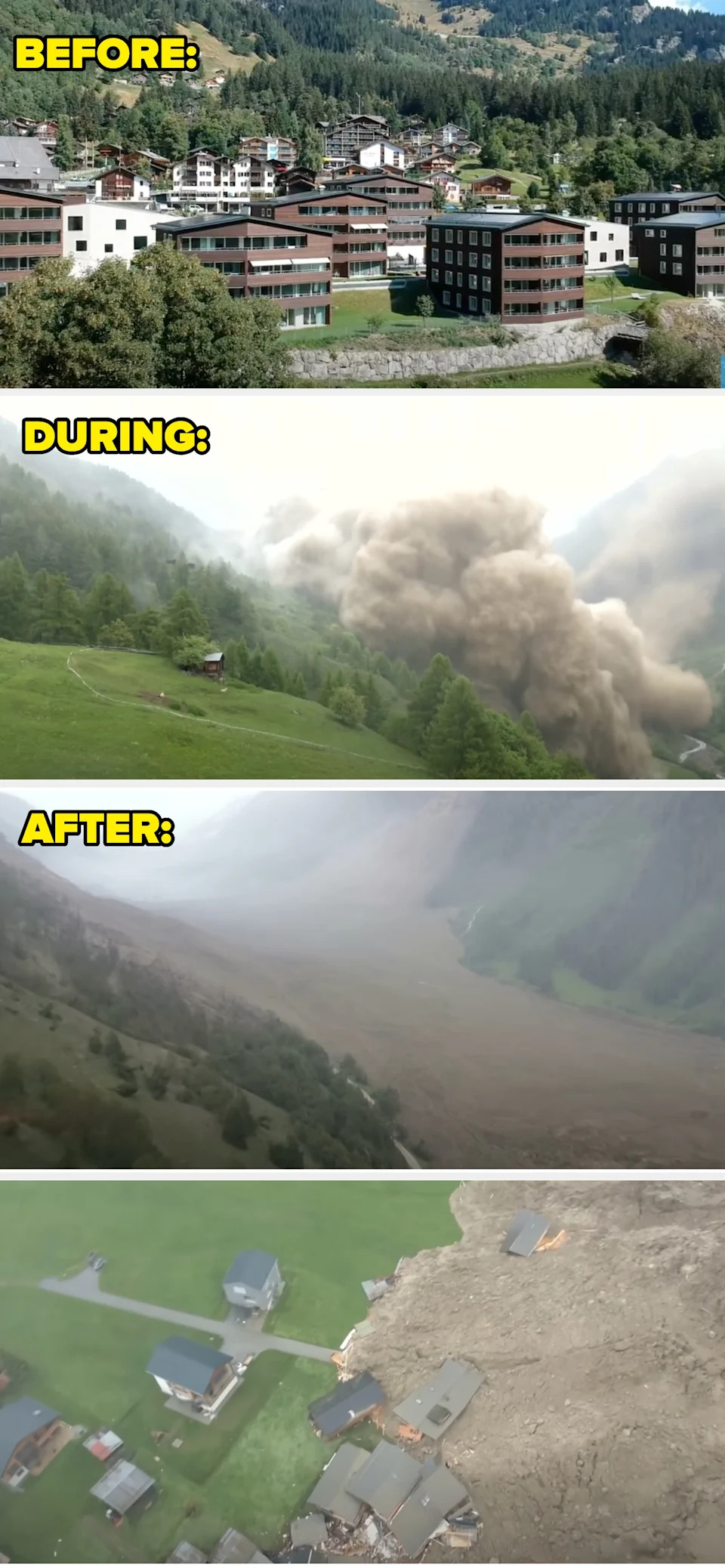 Four stages of a landslide in a mountainous village: before the event, during with dust clouds, aftermath showing debris-covered landscape