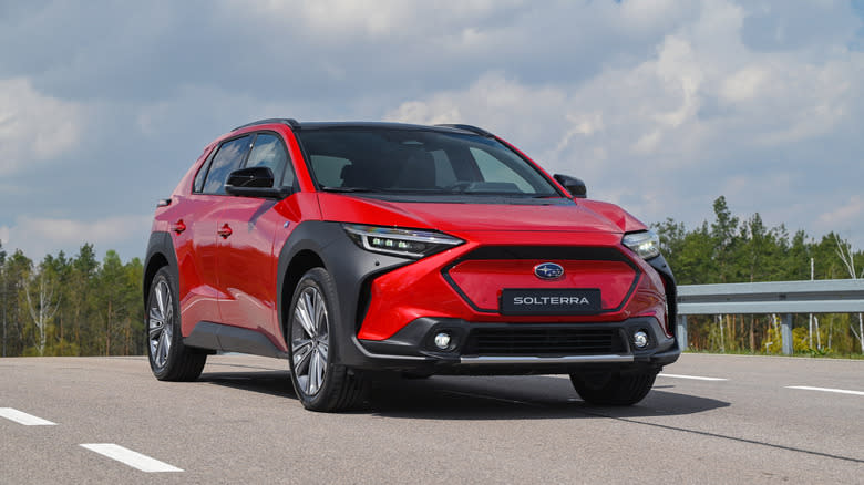 Berlin, Germany - 29th April, 2022: Electric SUV Subaru Solterra on a road. This model is the first mass-produced electric vehicle from Subaru.