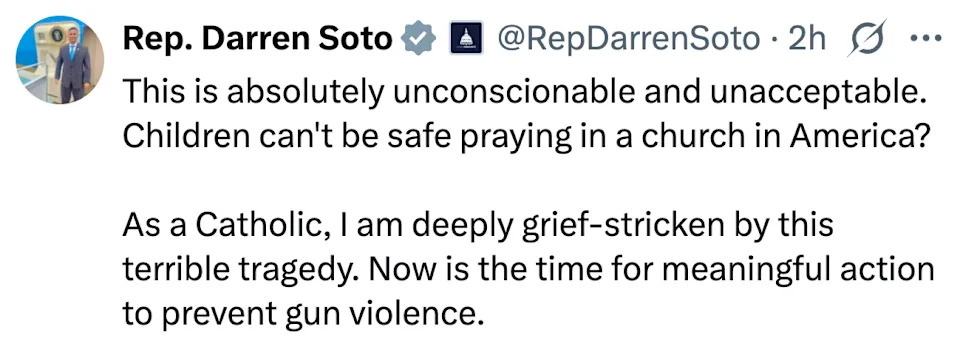 Tweet by Rep. Darren Soto expressing grief and urgency for action against gun violence after a church tragedy impacting children's safety