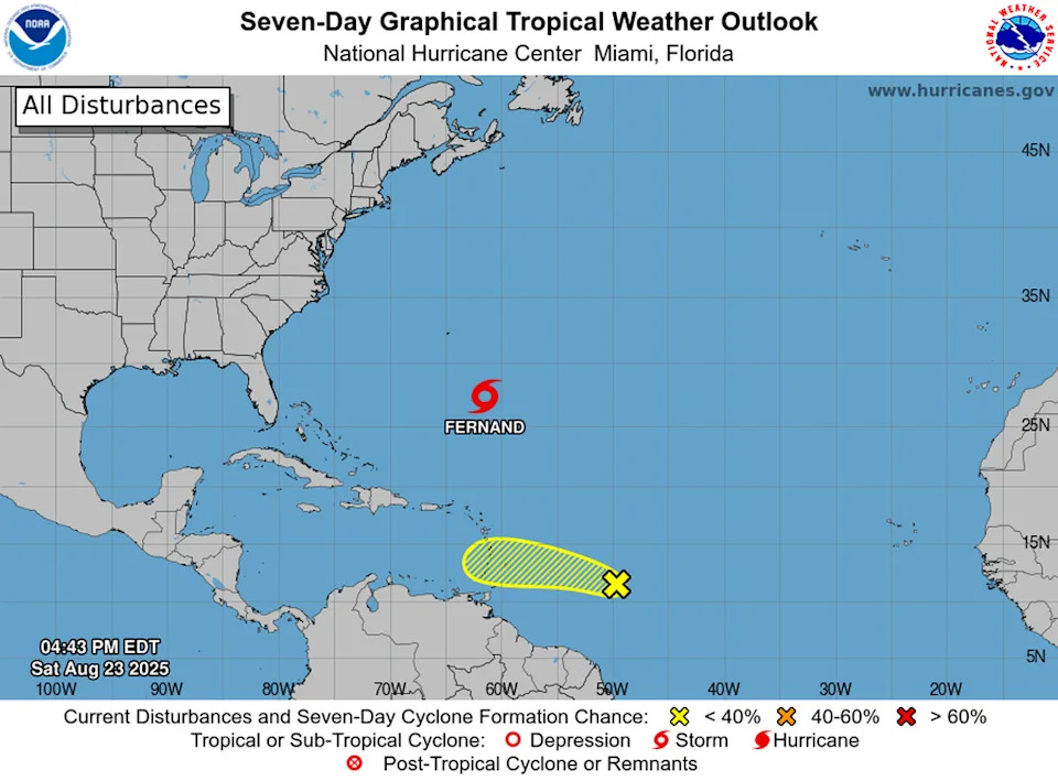 The National Hurricane Center’s 5 p.m. advisory of the two Atlantic systems.