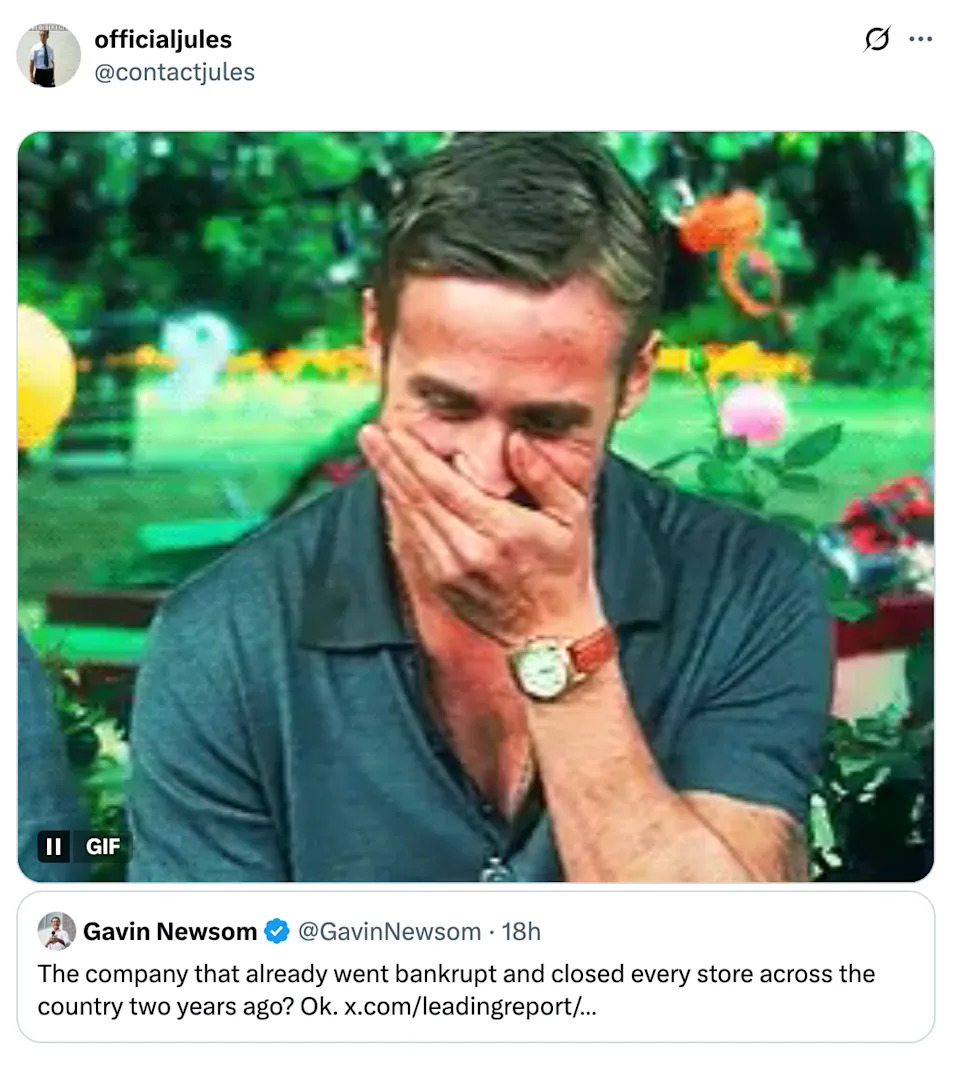 A person laughing with their hand over their mouth, sitting outdoors, with a tweet overlay about a company that went bankrupt two years ago
