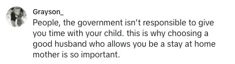 Comment about government not responsible for parenting time, emphasizes choosing a supportive husband for stay-at-home motherhood