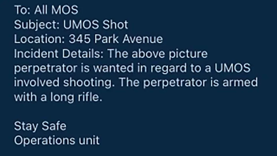NYPD sent this alert – showing Tamura walking across 345 Park Avenue's outdoor plaza carrying his rifle – to NYPD-issued phones as officers responded to the building. - Obtained by CNN