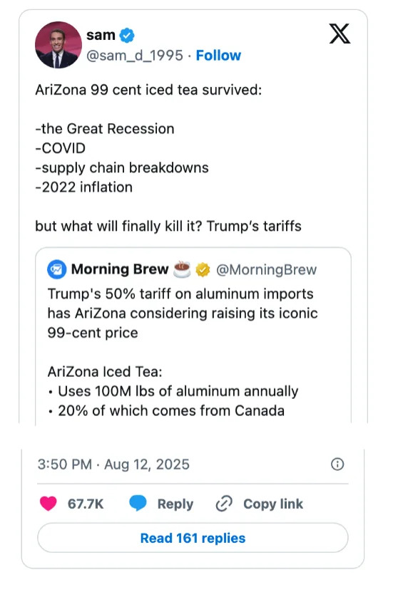 Tweet jokes about Arizona Iced Tea maintaining a 99-cent price over the years, but questions if Trump's tariffs will affect the price