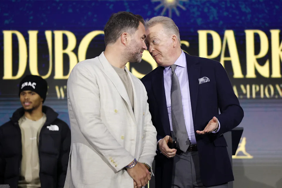 RIYADH, SAUDI ARABIA - FEBRUARY 20: Chairman of Matchroom Boxing Eddie Hearn interacts English Boxing promoter Frank Warren during press conference as part of Beterbiev v Bivol 2: The Last Crescendo at Boulevard City on February 20, 2025 in Riyadh, . (Photo by Richard Pelham/Getty Images)