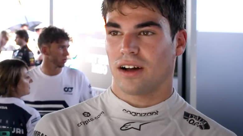 Aston Martin F1 driver Lance Stroll, during the post-race media interview at the French Grand Prix. Showing the removal of the Peroni logo on his left shoulder.