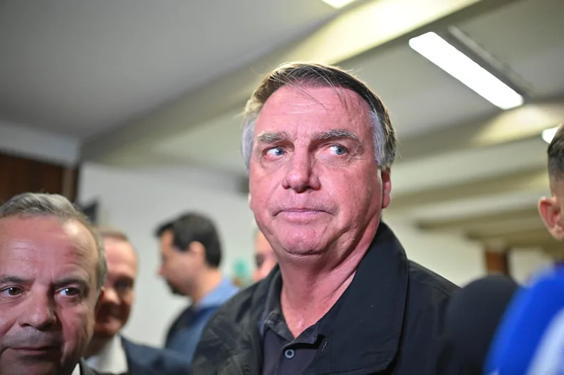 Former Brazilian President Jair Bolsonaro speaks to the press after lunch and a visit with Liberal Party leaders in the Federal Senate in Brasilia on Feb. 18, 2025 / Credit: Ton Molina / NurPhoto via Getty Images