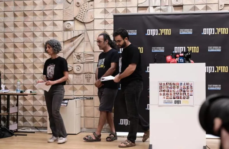Nimrod Cohen's family held a press conference at Hostage Square, August 25, 2025. (credit: AVSHALOM SASSONI/MAARIV)