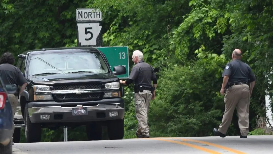 Police set up checkpoints looking for escaped prisoner Grant Hardin near downtown Calico Rock, Arkansas, on May 29. - Nicholas Ingram/AP