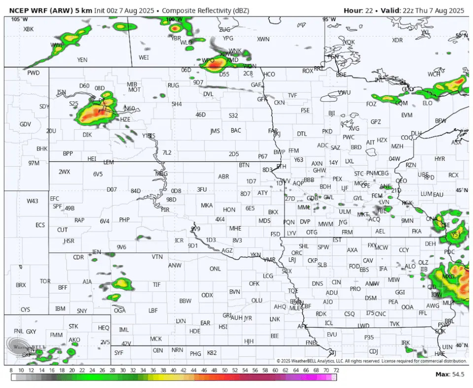 The WRF radar simulation from 5 p.m. Thursday through 12 p.m. Friday.WeatherBell