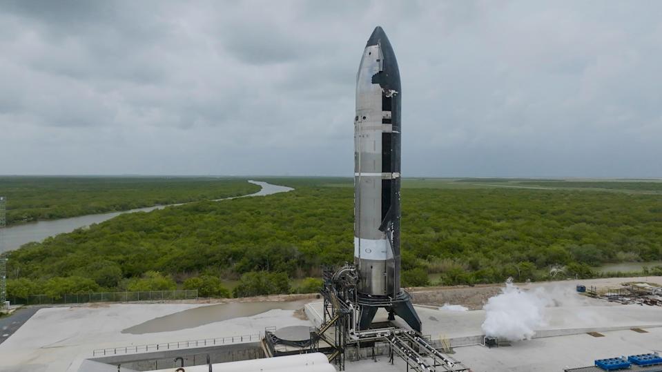 A Starship upper stage on the test stand at the Massey's site at SpaceX's Starbase facility in South Texas.