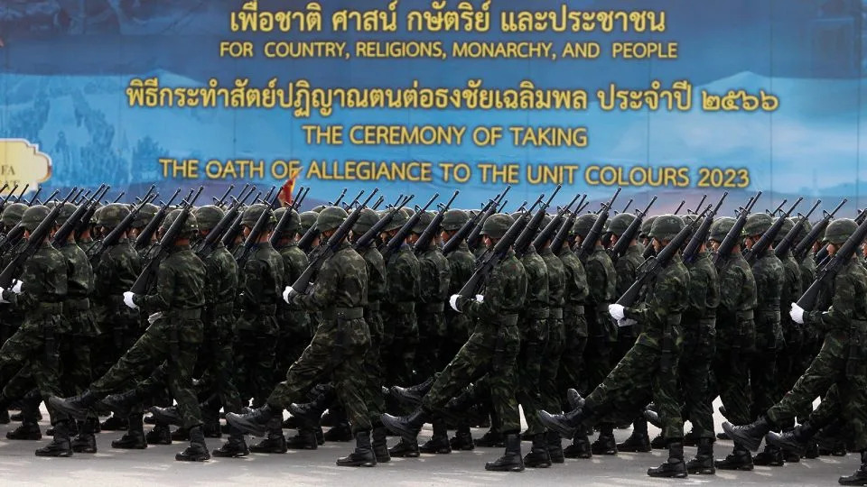 Members of the Thai army take part in Thailand&#39;s National Armed Forces Day at the Royal Thai Army Cavalry Center in Saraburi province, Thailand, on January 18, 2023. - Chaiwat Subprasom/SOPA Images/LightRocket/Getty Images