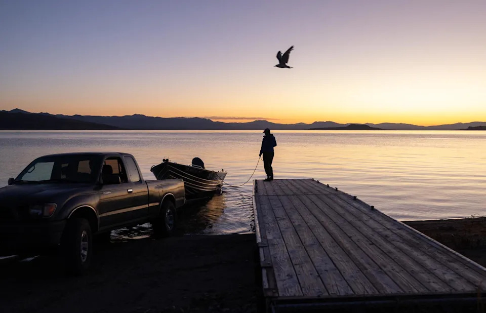 A person seen in shadow on a dock, near a truck and a boat, with a bird flying overhead