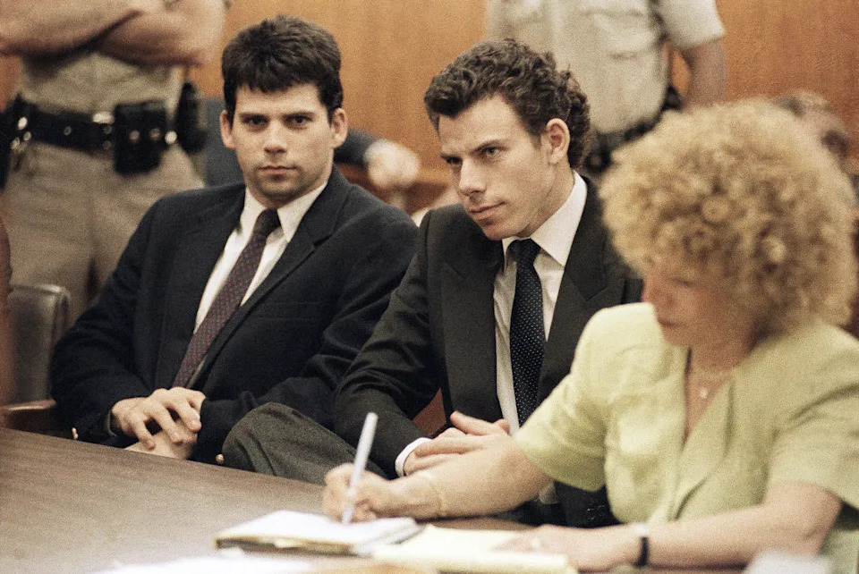 Lyle, left, and Erik Menendez sit in a Beverly Hills courtroom, on May 14, 1990.