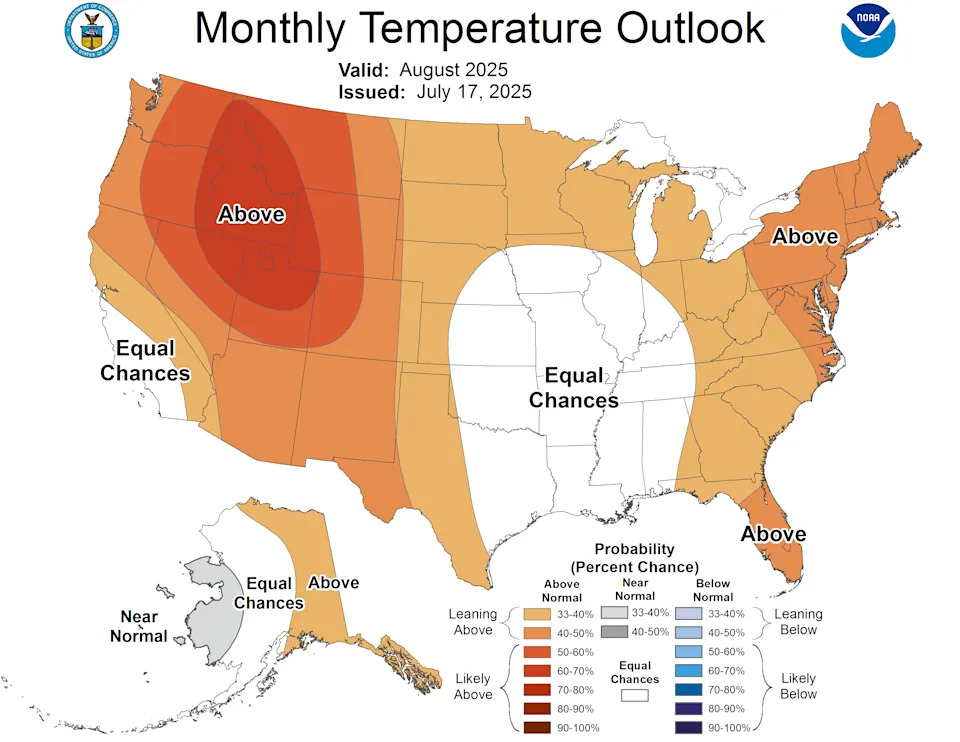 Climate Prediction Center's monthly temperature outlook for August 2025.