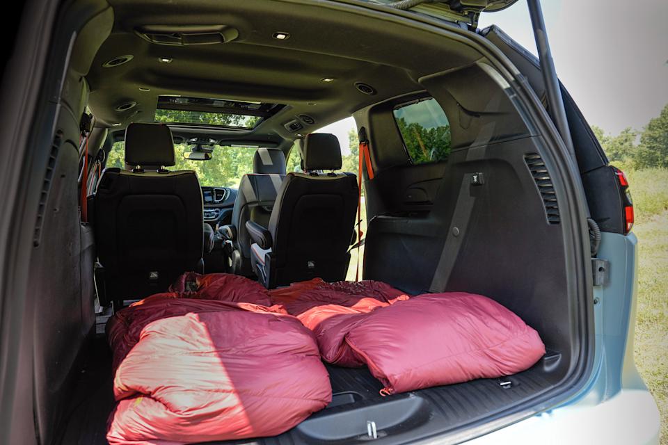 Maximizing the spacious interior of the Pacifica Grizzly Peak concept, third-row seats are replaced with a large cargo floor panel, ideal for tailoring the cabin for sleeping.