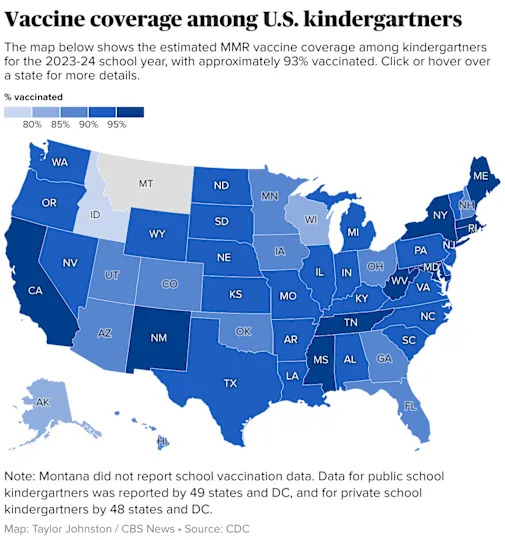 U.S. map showing estimated kindergarten MMR vaccine coverage during the 2023-24 school year