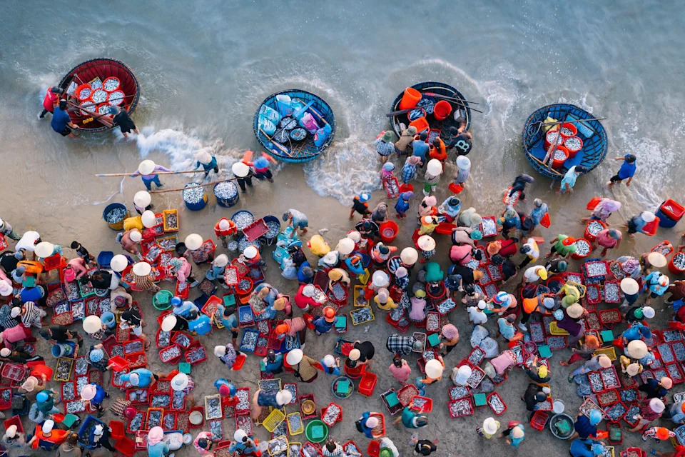An overhead view of many people with baskets of fish standing on a shoreline.