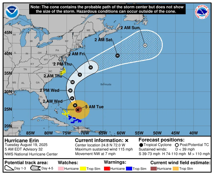 Projected path of Hurricane Erin 5 a.m. Aug. 19, 2025.