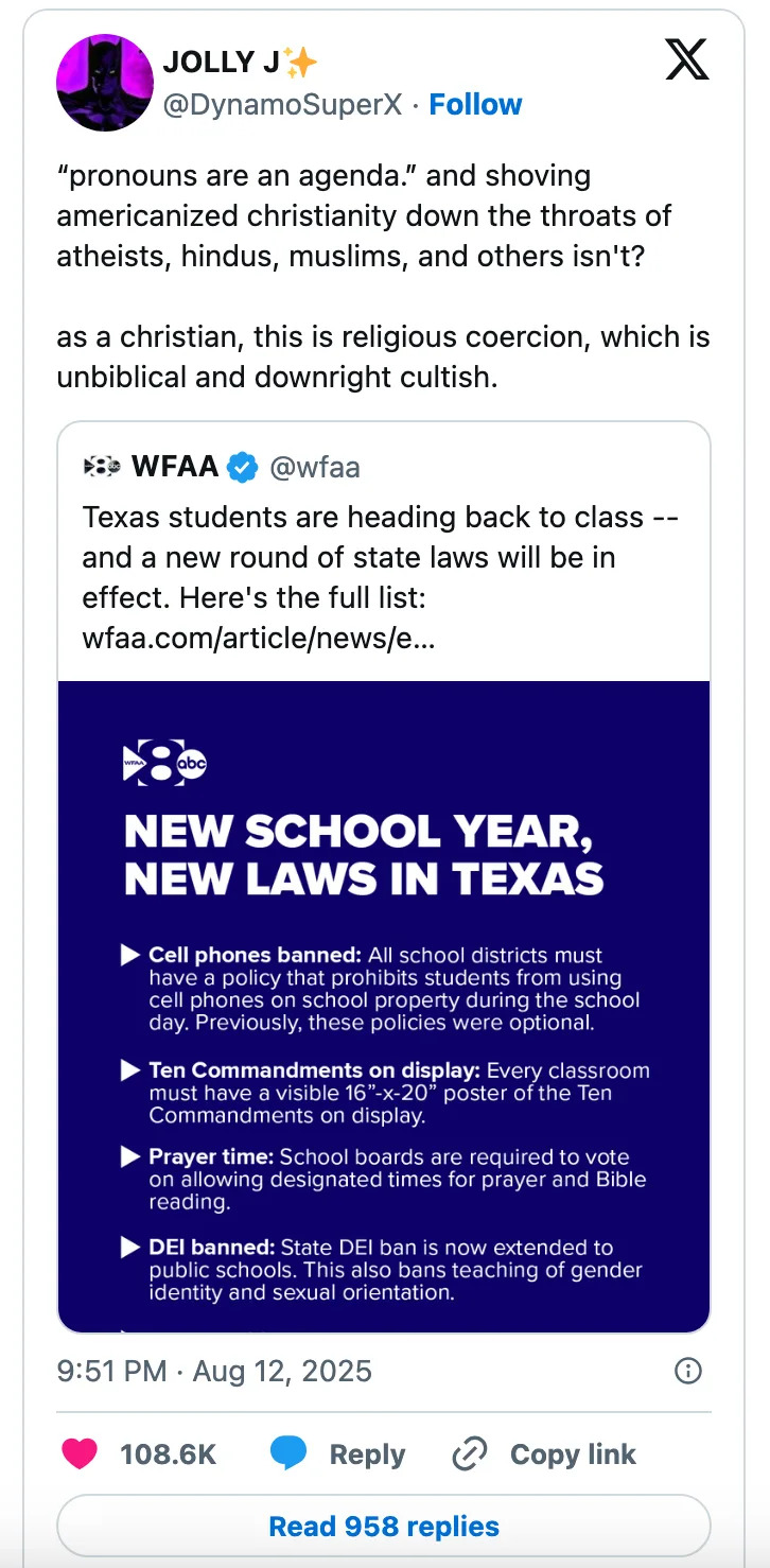 Tweet about new Texas school laws limiting racial teaching, DEI offices banned, and requiring 10 Commandments displays and armed officers in schools