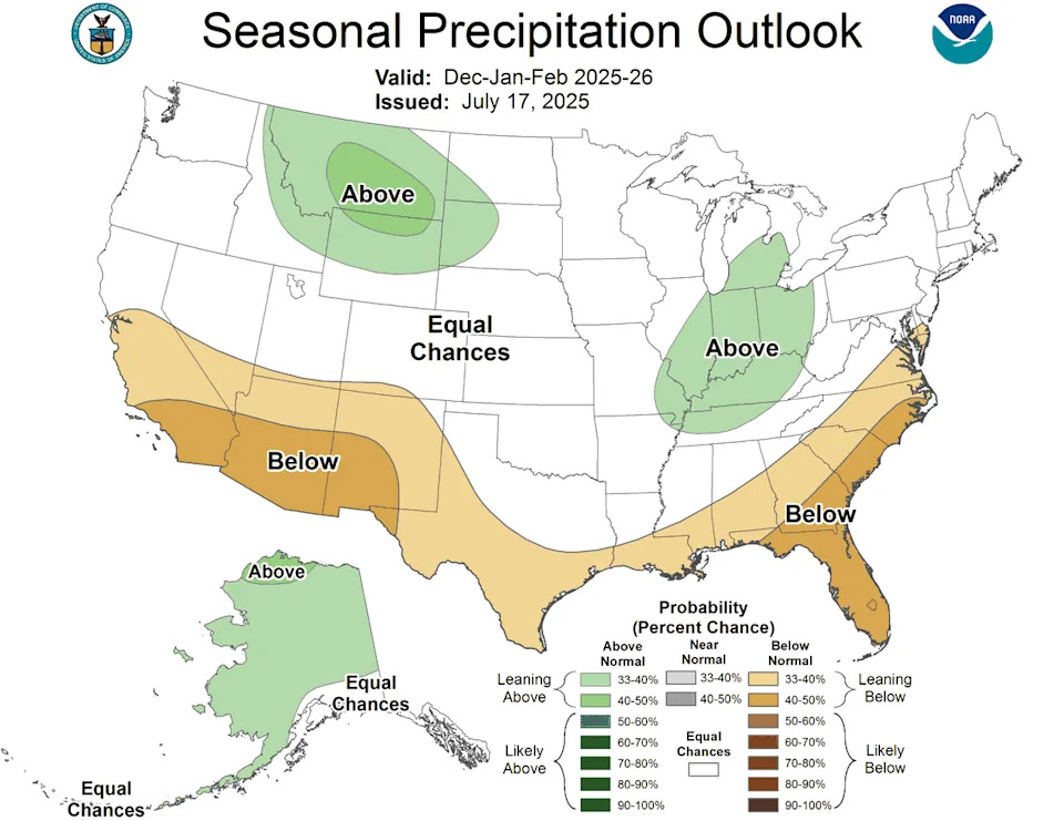 Like the winter outlook for temperatures, there is no clear signal yet on whether this upcoming winter season will be snowier or drier than normal, according to the National Weather Service’s Climate Prediction Center. The latest outlook gives the metro equal odds for being wetter, drier or about average. These outlook maps are updated every third Thursday of the month.