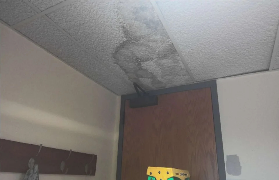 A discolored ceiling tile in a judge's office on the third floor of the Monroe County justice complex. The tile has been removed.