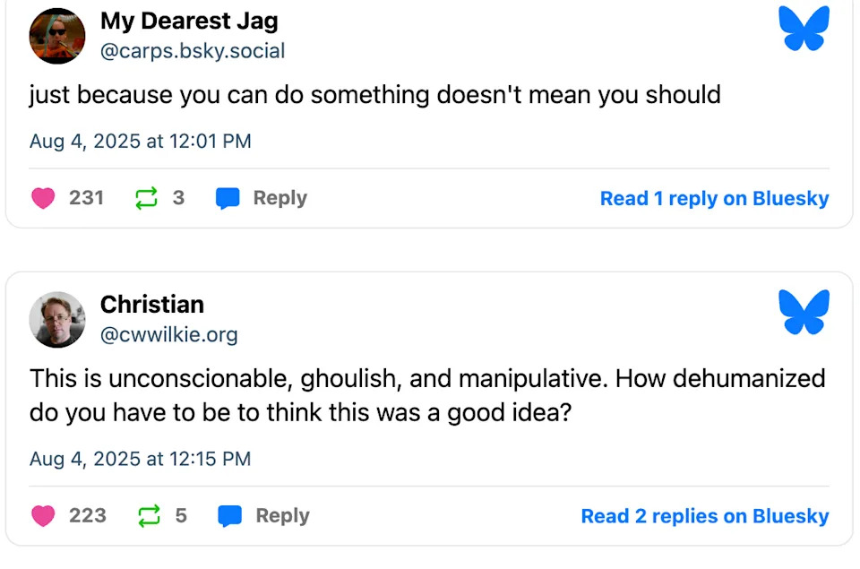 Social media post discussing ethical considerations, with replies and interactions shown