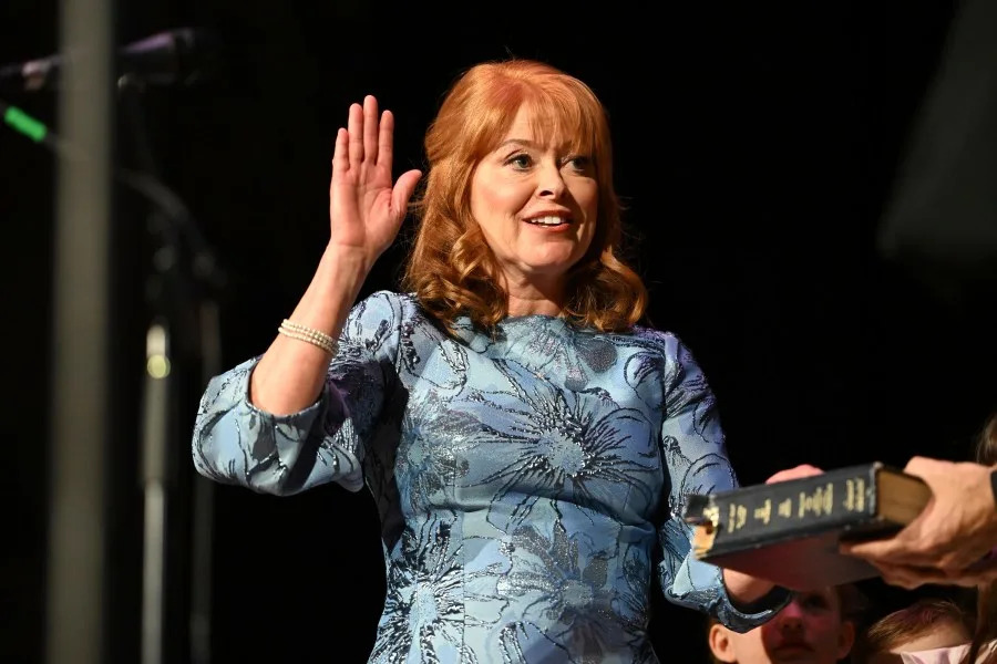 Pennsylvania state Treasurer Stacy Garrity takes the oath of office for her second four-year term in the Forum Auditorium across the street from the Capitol, Jan. 21, 2025, in Harrisburg, Pa. (AP Photo/Marc Levy)