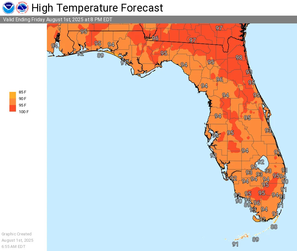 High temperature forecast for Florida Aug. 1, 2025.