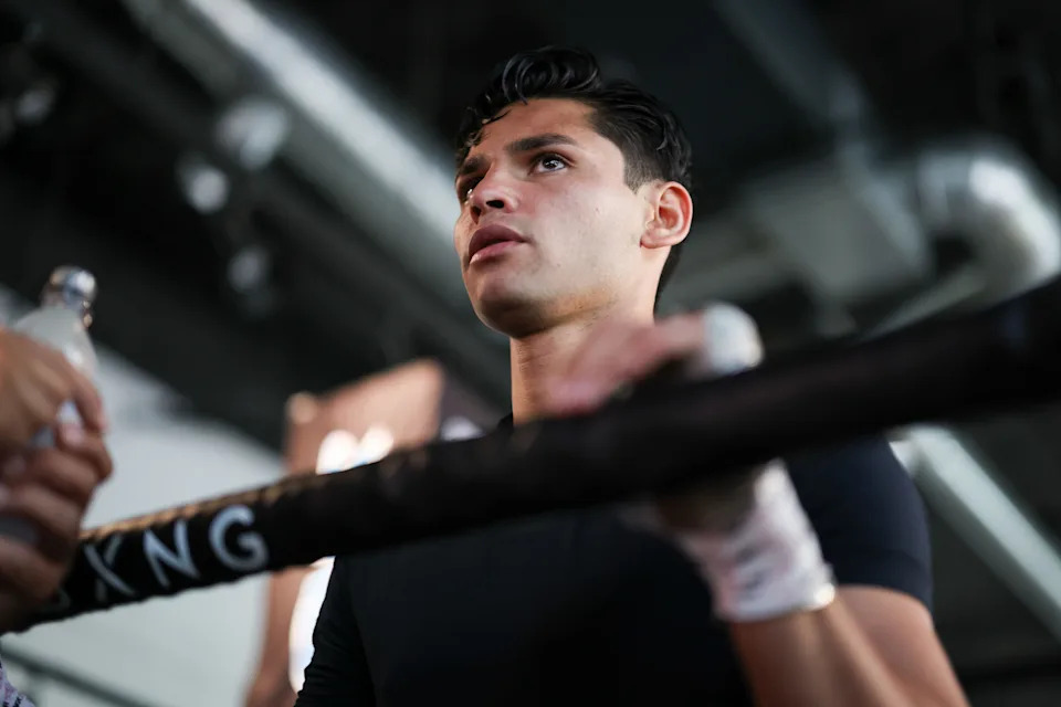 SAN DIEGO, CALIFORNIA - APRIL 17: Ryan Garcia looks on during a media workout at The BXNG Club ahead of his WBA regular Welterweight fight against Rolando Romero on April 17, 2025 in San Diego, California. (Photo by Cris Esqueda/Golden Boy/Getty Images)