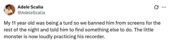 A tweet humorously describes an 11-year-old banned from screens, who is now practicing the recorder loudly