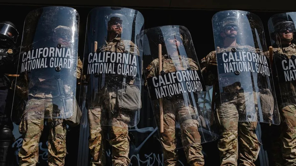 National Guard troops stand outside the Edward Roybal Federal Building in Downtown Los Angeles, California on June 9, 2025. - Jim Vondruska/Getty Images/File